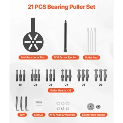 VEVOR 21-in-1 Bearing Puller Set, 21 PCS 3-Jaw Hook Puller for Internal External Bearings and Bearing Without Inner Shaft, Multifunctional Bearing Removal Tool with Heavy Duty Portable Storage Case