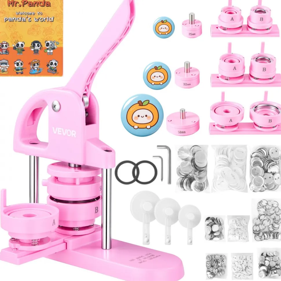 VEVOR 3-IN-1 Button Maker, 1/1.25/2.28 inch(25/32/58mm) Pin Maker, 300pcs Button Parts,Button Maker Machine with Panda Magic Book, Ergonomic Arc Handle Punch Press Kit, For Children DIY Gifts, Pink