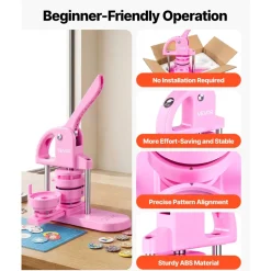 VEVOR 3-IN-1 Button Maker, 1/1.25/2.28 inch(25/32/58mm) Pin Maker, 300pcs Button Parts,Button Maker Machine with Panda Magic Book, Ergonomic Arc Handle Punch Press Kit, For Children DIY Gifts, Pink