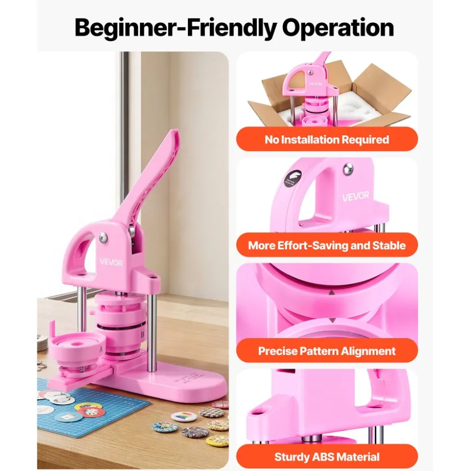 VEVOR 3-IN-1 Button Maker, 1/1.25/2.28 inch(25/32/58mm) Pin Maker, 300pcs Button Parts,Button Maker Machine with Panda Magic Book, Ergonomic Arc Handle Punch Press Kit, For Children DIY Gifts, Pink