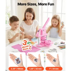 VEVOR 3-IN-1 Button Maker, 1/1.25/2.28 inch(25/32/58mm) Pin Maker, 300pcs Button Parts,Button Maker Machine with Panda Magic Book, Ergonomic Arc Handle Punch Press Kit, For Children DIY Gifts, Pink