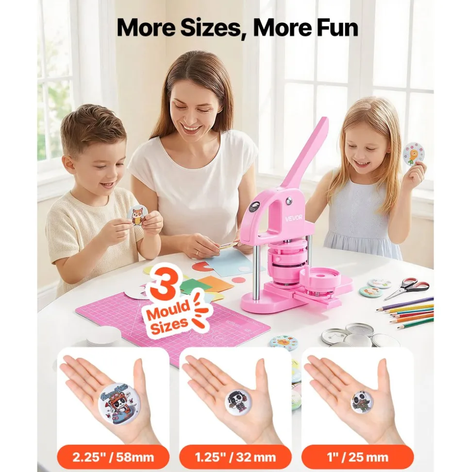 VEVOR 3-IN-1 Button Maker, 1/1.25/2.28 inch(25/32/58mm) Pin Maker, 300pcs Button Parts,Button Maker Machine with Panda Magic Book, Ergonomic Arc Handle Punch Press Kit, For Children DIY Gifts, Pink