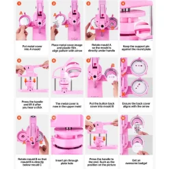 VEVOR 3-IN-1 Button Maker, 1/1.25/2.28 inch(25/32/58mm) Pin Maker, 300pcs Button Parts,Button Maker Machine with Panda Magic Book, Ergonomic Arc Handle Punch Press Kit, For Children DIY Gifts, Pink