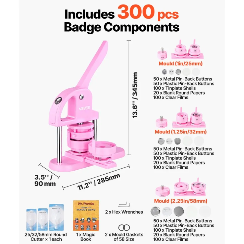 VEVOR 3-IN-1 Button Maker, 1/1.25/2.28 inch(25/32/58mm) Pin Maker, 300pcs Button Parts,Button Maker Machine with Panda Magic Book, Ergonomic Arc Handle Punch Press Kit, For Children DIY Gifts, Pink