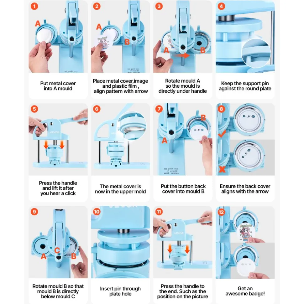 VEVOR 3-IN-1 Button Maker, 1/1.25/2.28 inch(25/32/58mm) Pin Maker, 300pcs Button Parts, Button Maker Machine with Panda Magic Book, Ergonomic Arc Handle Punch Press Kit, For Children DIY Gifts, Blue