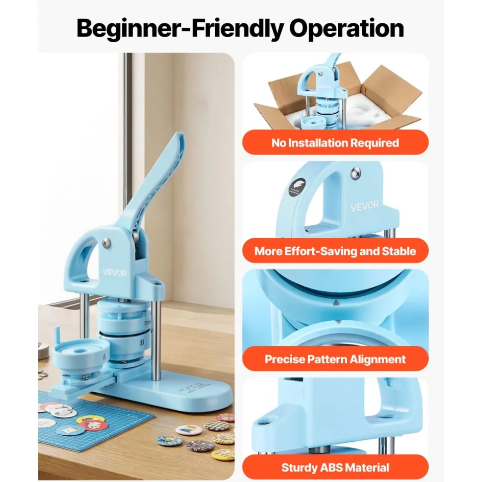 VEVOR 3-IN-1 Button Maker, 1/1.25/2.28 inch(25/32/58mm) Pin Maker, 300pcs Button Parts, Button Maker Machine with Panda Magic Book, Ergonomic Arc Handle Punch Press Kit, For Children DIY Gifts, Blue