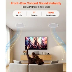 VEVOR In Ceiling Speakers, 8", In-Ceiling & In-Wall Speaker System, Hi-Fi Sound, 150W Peak, 2-Way Flush Mount Speakers, for Damp Humid Placement, Home Theater, Living Room, or Covered Patio, 1 Pair