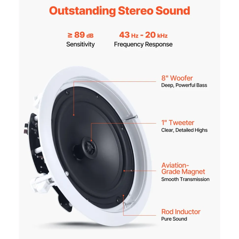 VEVOR In Ceiling Speakers, 8", In-Ceiling & In-Wall Speaker System, Hi-Fi Sound, 150W Peak, 2-Way Flush Mount Speakers, for Damp Humid Placement, Home Theater, Living Room, or Covered Patio, 1 Pair