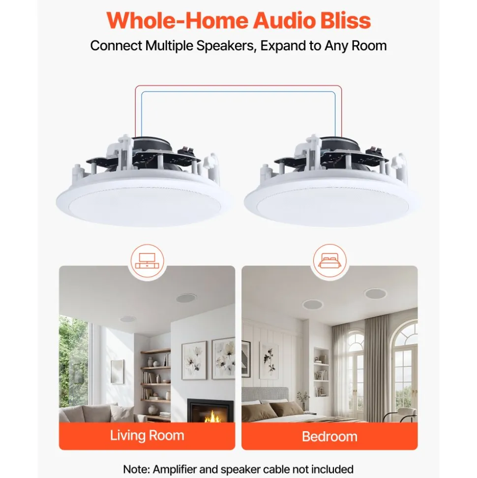 VEVOR In Ceiling Speakers, 8", In-Ceiling & In-Wall Speaker System, Hi-Fi Sound, 150W Peak, 2-Way Flush Mount Speakers, for Damp Humid Placement, Home Theater, Living Room, or Covered Patio, 1 Pair