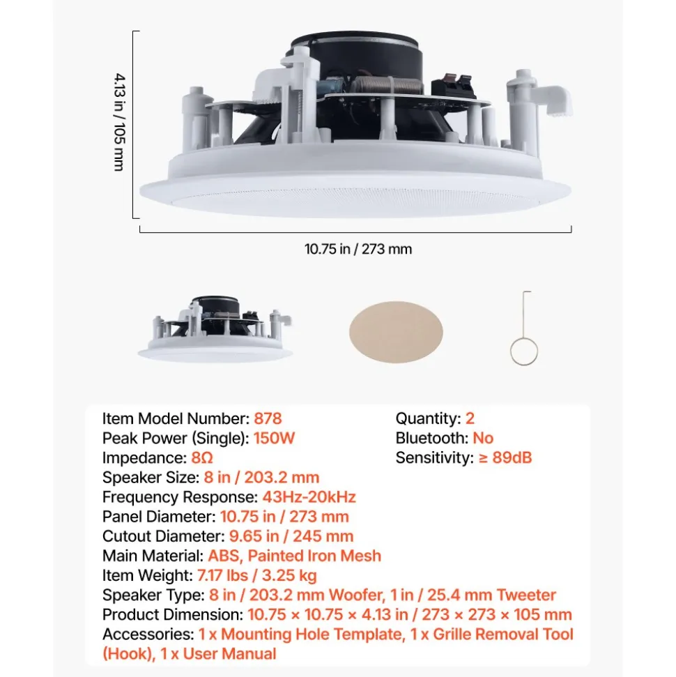 VEVOR In Ceiling Speakers, 8", In-Ceiling & In-Wall Speaker System, Hi-Fi Sound, 150W Peak, 2-Way Flush Mount Speakers, for Damp Humid Placement, Home Theater, Living Room, or Covered Patio, 1 Pair