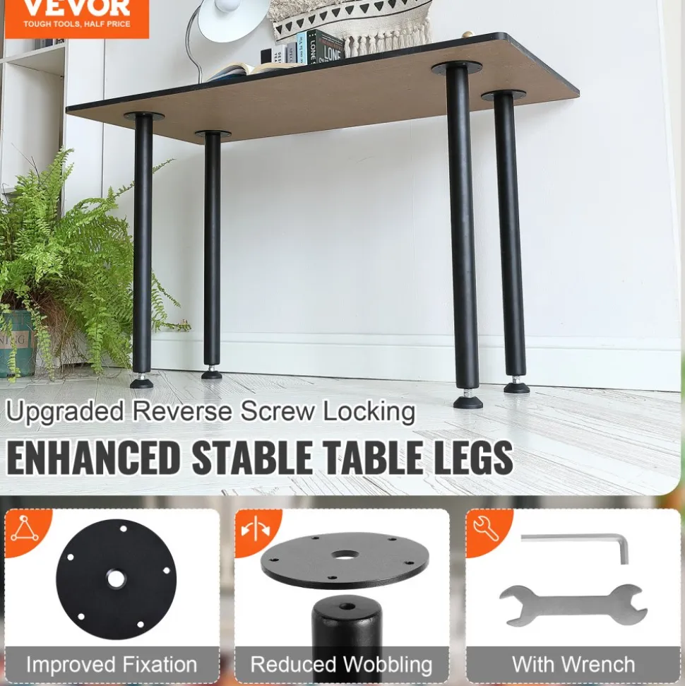 VEVOR 28 Inch Adjustable Desk Legs, Reinforced Steel Office Table Furniture legs Set of 4 for DIY, 1200 lbs Load Capacity Heavy Duty Desk Legs, Quick Instalation Legs with Adjustable Foot Cup Black