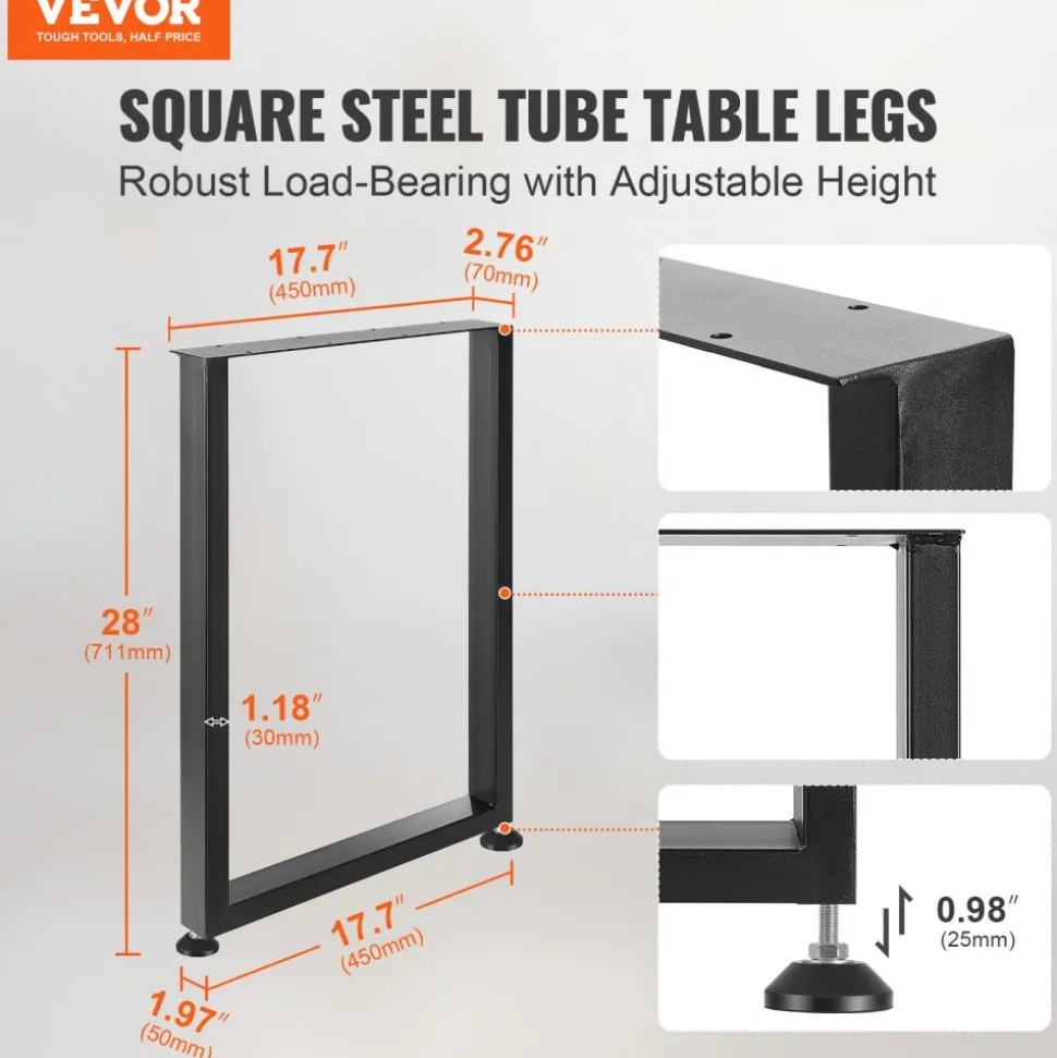 VEVOR 28 Inch Adjustable Furniture Legs, Square Reinforced Steel Office Table legs Set of 2 for DIY, Max Load 1000 lbs Heavy Duty Desk Legs, Quick Instalation & Rich Accessories Legs Black