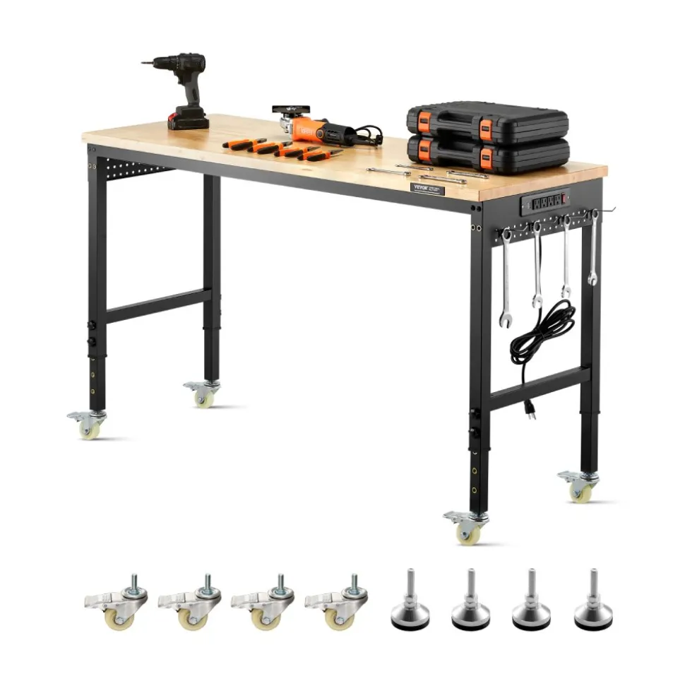 VEVOR 60-Inch Adjustable Workbench, 2000 lbs Load, Work Bench with Power Outlet, Wheels, and Pegboard, Heavy Duty Oak Wood Top Work Table for Garage, Workshop, Office, and Home