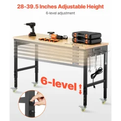 VEVOR 60-Inch Adjustable Workbench, 2000 lbs Load, Work Bench with Power Outlet, Wheels, and Pegboard, Heavy Duty Oak Wood Top Work Table for Garage, Workshop, Office, and Home