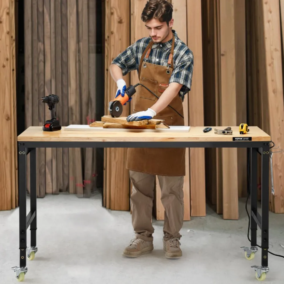 VEVOR 60-Inch Adjustable Workbench, 2000 lbs Load, Work Bench with Power Outlet, Wheels, and Pegboard, Heavy Duty Oak Wood Top Work Table for Garage, Workshop, Office, and Home