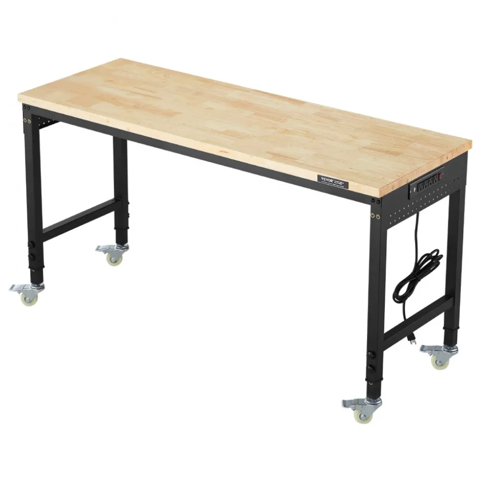 VEVOR 60-Inch Adjustable Workbench, 2000 lbs Load, Work Bench with Power Outlet, Wheels, and Pegboard, Heavy Duty Oak Wood Top Work Table for Garage, Workshop, Office, and Home