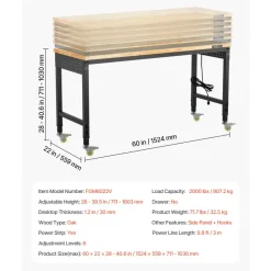 VEVOR 60-Inch Adjustable Workbench, 2000 lbs Load, Work Bench with Power Outlet, Wheels, and Pegboard, Heavy Duty Oak Wood Top Work Table for Garage, Workshop, Office, and Home