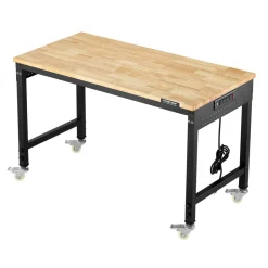 VEVOR 48-Inch Adjustable Workbench, 2000 lbs Load, Work Bench with Power Outlet, Wheels, and Pegboard, Heavy Duty Oak Wood Top Work Table for Garage, Workshop, Office, and Home