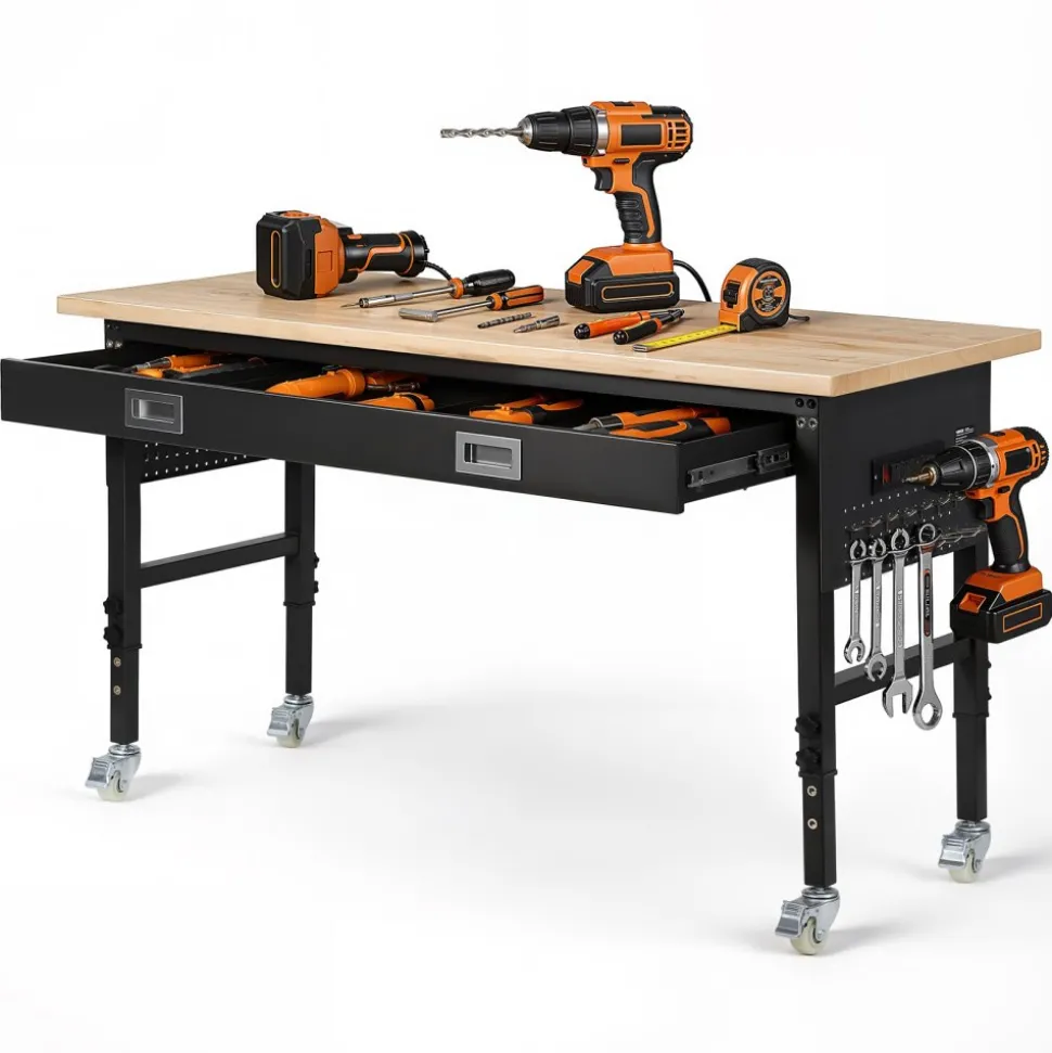 VEVOR 60-inch Adjustable Workbench, 1500 lbs Load Capacity, Garage Workbench with Drawer, Power Outlet, Wheels, and Pegboard, Heavy Duty Oak Wood Top Work Table for Garage, Workshop, Office, and Home