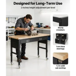 VEVOR 60-inch Adjustable Workbench, 1500 lbs Load Capacity, Garage Workbench with Drawer, Power Outlet, Wheels, and Pegboard, Heavy Duty Oak Wood Top Work Table for Garage, Workshop, Office, and Home
