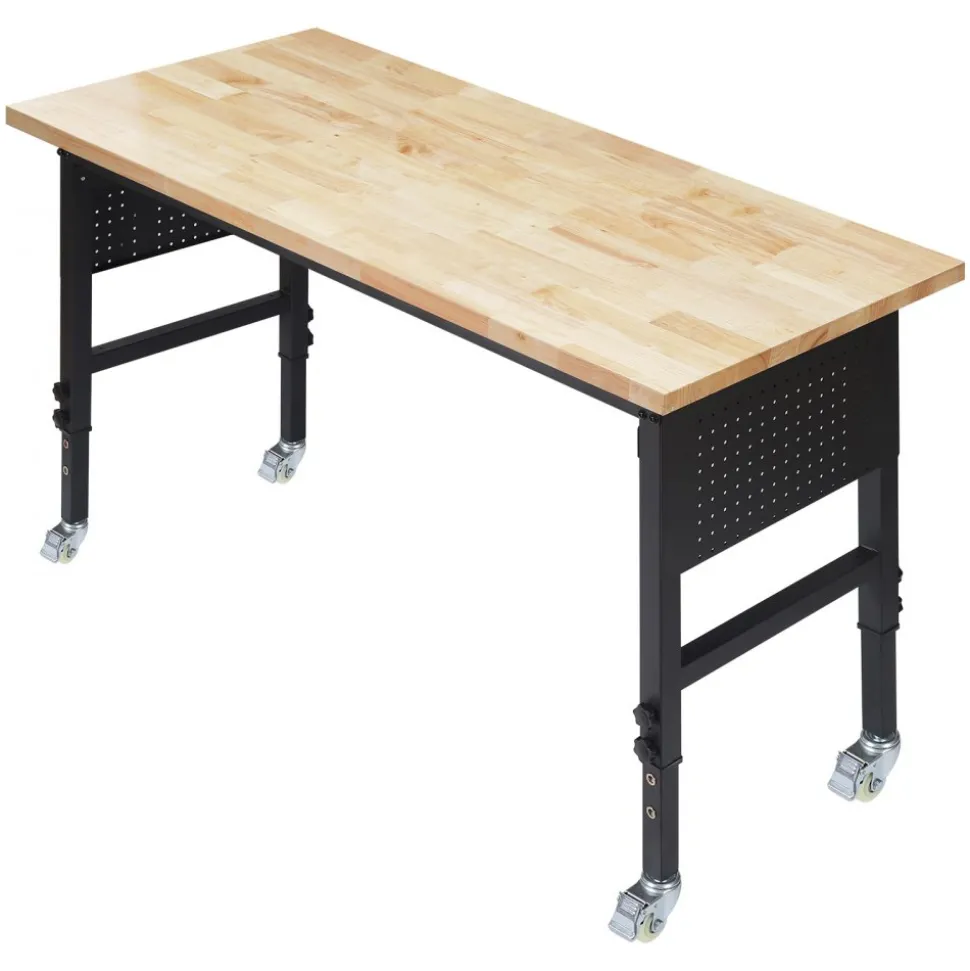 VEVOR 60-inch Adjustable Workbench, 1500 lbs Load Capacity, Garage Workbench with Drawer, Power Outlet, Wheels, and Pegboard, Heavy Duty Oak Wood Top Work Table for Garage, Workshop, Office, and Home