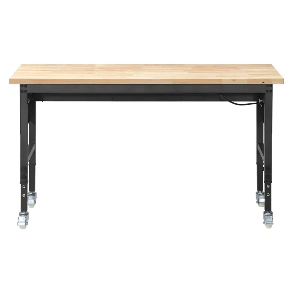 VEVOR 60-inch Adjustable Workbench, 1500 lbs Load Capacity, Garage Workbench with Drawer, Power Outlet, Wheels, and Pegboard, Heavy Duty Oak Wood Top Work Table for Garage, Workshop, Office, and Home
