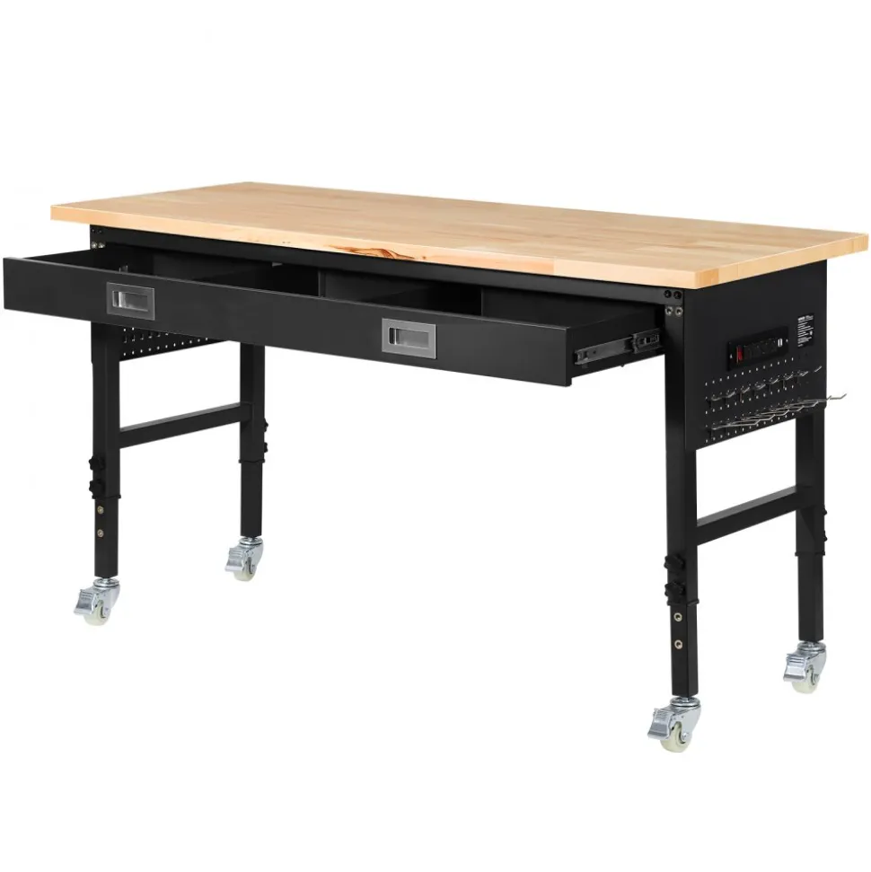 VEVOR 60-inch Adjustable Workbench, 1500 lbs Load Capacity, Garage Workbench with Drawer, Power Outlet, Wheels, and Pegboard, Heavy Duty Oak Wood Top Work Table for Garage, Workshop, Office, and Home