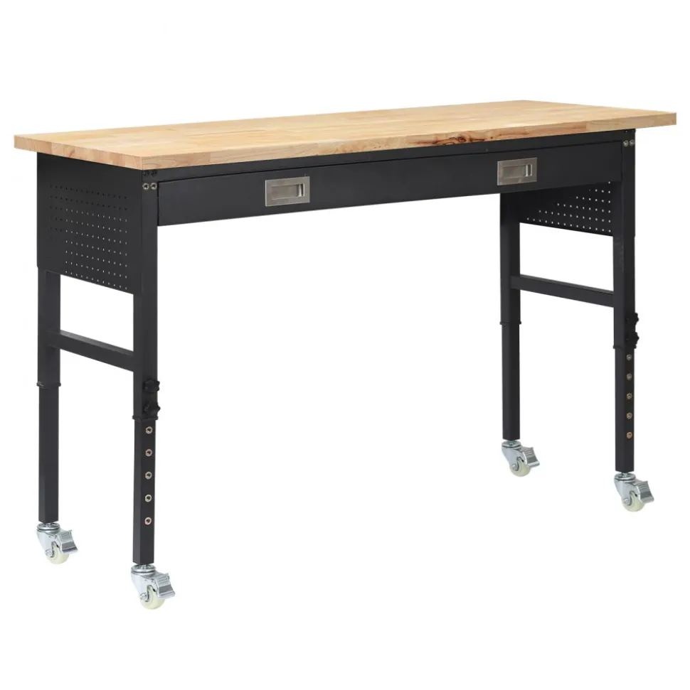 VEVOR 60-inch Adjustable Workbench, 1500 lbs Load Capacity, Garage Workbench with Drawer, Power Outlet, Wheels, and Pegboard, Heavy Duty Oak Wood Top Work Table for Garage, Workshop, Office, and Home