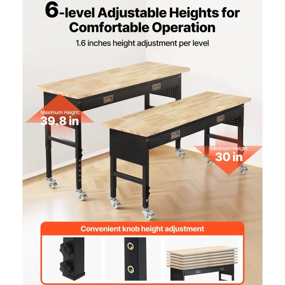 VEVOR 60-inch Adjustable Workbench, 1500 lbs Load Capacity, Garage Workbench with Drawer, Power Outlet, Wheels, and Pegboard, Heavy Duty Oak Wood Top Work Table for Garage, Workshop, Office, and Home