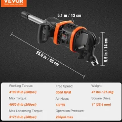 VEVOR 1 Inch Air Impact Wrench, Up to 5175 ft-lbs Beast Reverse Torque Output Pneumatic Impact Gun w/ 8 Inch Extended Anvil for Repairs and Maintenance of Heavy Duty Machinery / Semi-Truck / Bus