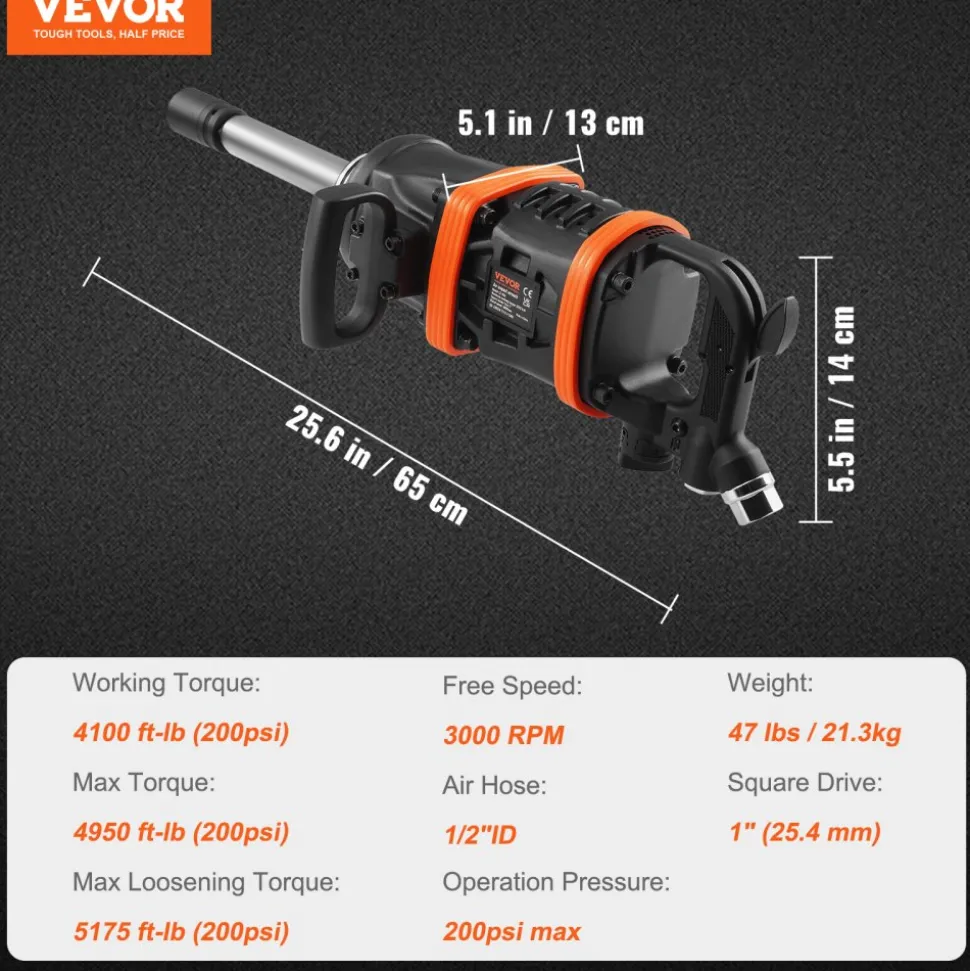 VEVOR 1 Inch Air Impact Wrench, Up to 5175 ft-lbs Beast Reverse Torque Output Pneumatic Impact Gun w/ 8 Inch Extended Anvil for Repairs and Maintenance of Heavy Duty Machinery / Semi-Truck / Bus