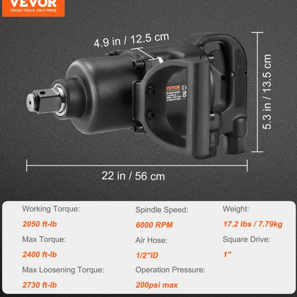 VEVOR 1 Inch Air Impact Wrench, Up to 2730 ft-lbs Reverse Torque Output 1" Pneumatic Impact Gun Lightweight w/ 2 Handles for Heavy Duty Repairs and Maintenance