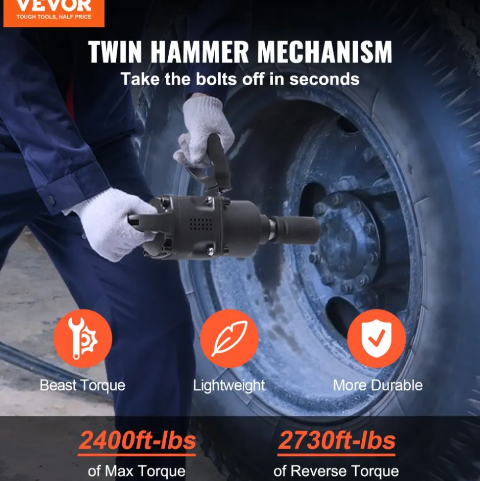VEVOR 1 Inch Air Impact Wrench, Up to 2730 ft-lbs Reverse Torque Output 1" Pneumatic Impact Gun Lightweight w/ 2 Handles for Heavy Duty Repairs and Maintenance