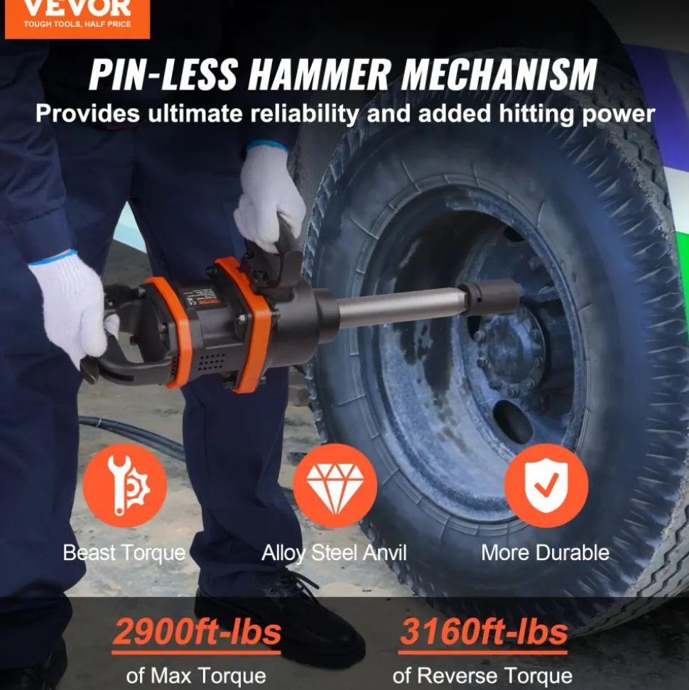 VEVOR 1 Inch Air Impact Wrench, Up to 3160 ft-lbs High Reverse Torque Output 1" Pneumatic Impact Gun w/ 8 Inch Extended Anvil & Carrying Case for Heavy Duty Repairs and Maintenance