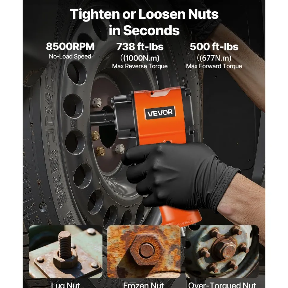 VEVOR 1/2-Inch Air Impact Wrench, Up to 738 ft-lbs Nut-busting Torque, Stubby Size & Lightweight Pneumatic Impact Gun for Auto Repairs and Maintenance