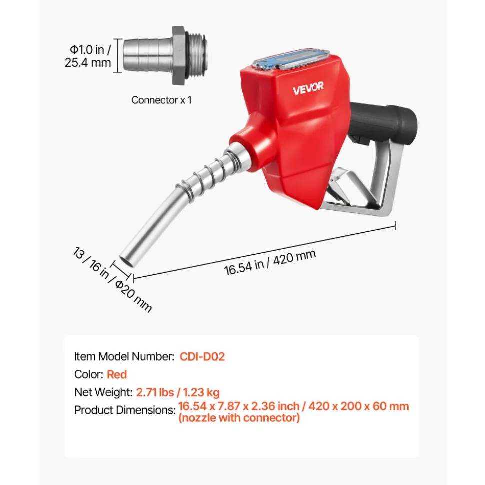VEVOR 1 Inch Barb Digital Fuel Nozzle with Swivel, Max Flow Rate 12.6 GPM, Auto Shut Off Diesel Gas Pump Nozzle with 3/16 in (OD=20 mm) Spout & Digital Display, Used for Gasoline, Diesel, Kerosene Red