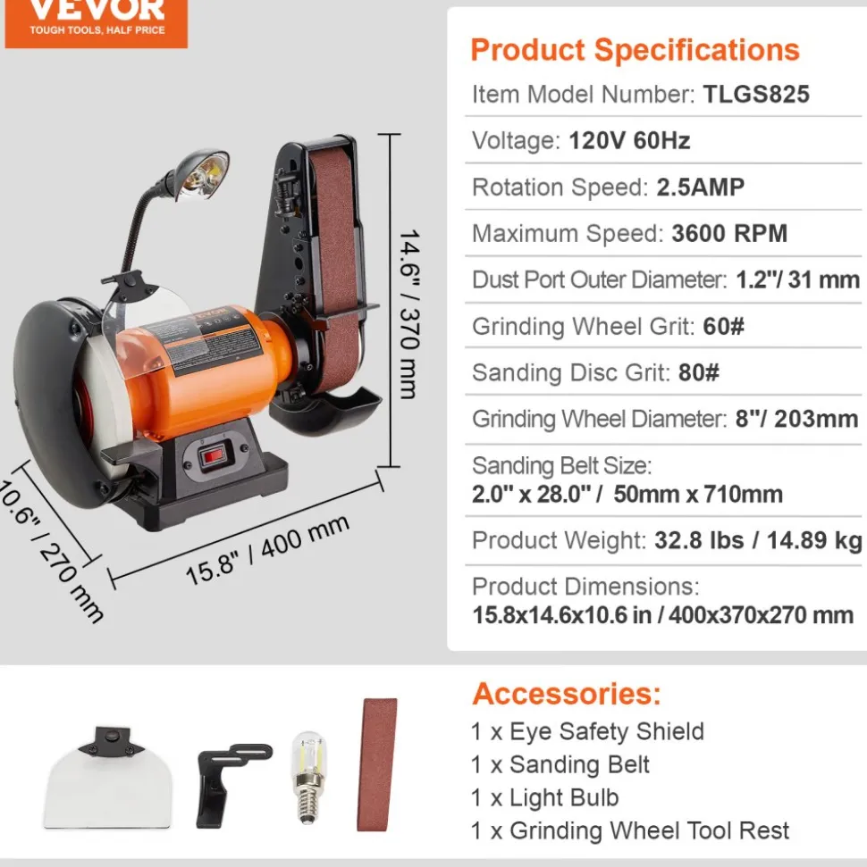 VEVOR 8 Inch Bench Grinder with 2 x28 Inch Belt Sander Combo, Bench Grinder Sander with 2.5A Induction Motor for Metalworking Sharpening Grinding