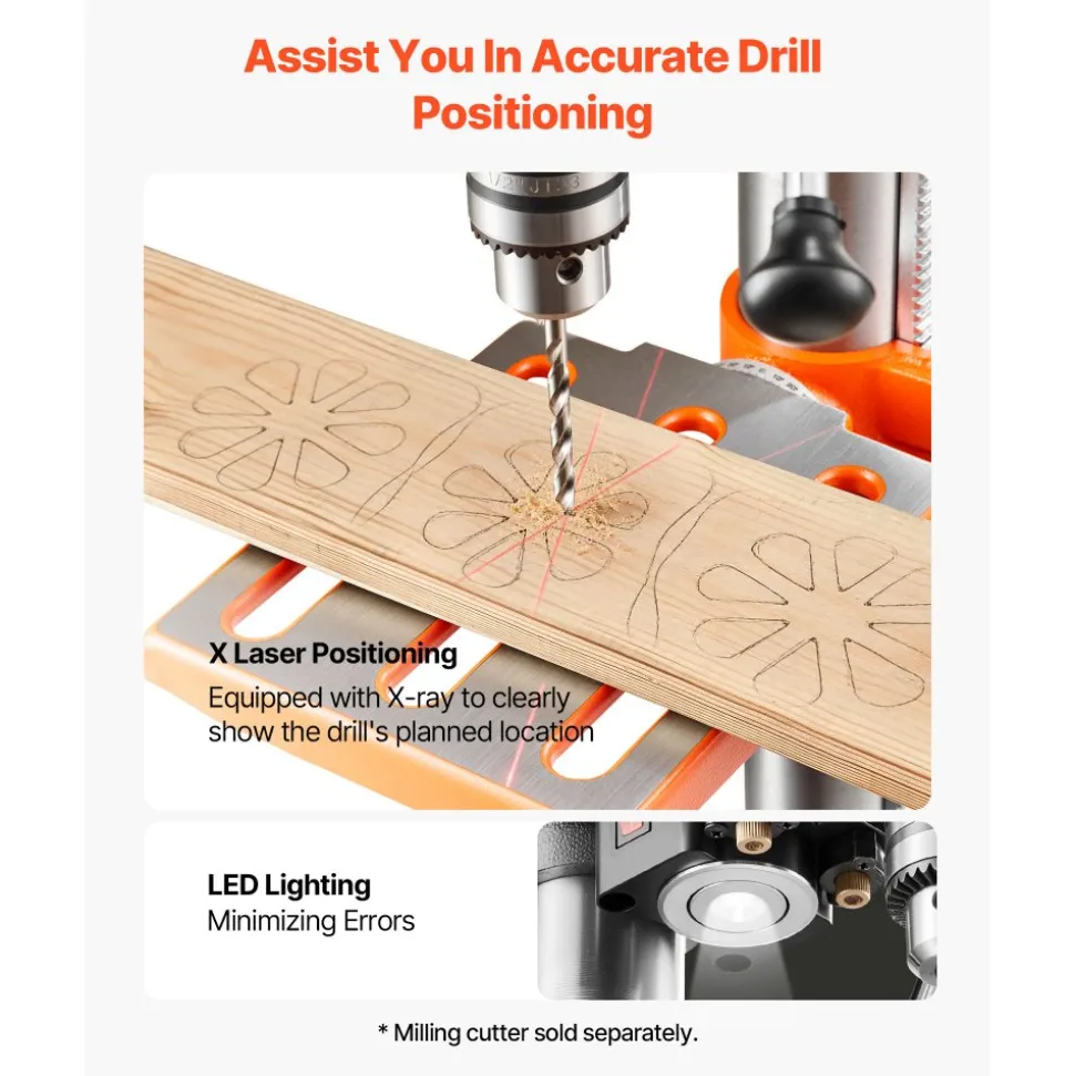 VEVOR 10-Inch Benchtop Drill Press, 5 Amp, 0.8 HP 600W Bench Drill Press, 530-3140 RPM Variable Speed, 0-45° Tilting Worktable, with Laser and LED Work Light, Tabletop Drilling Machine, for Wood Metal