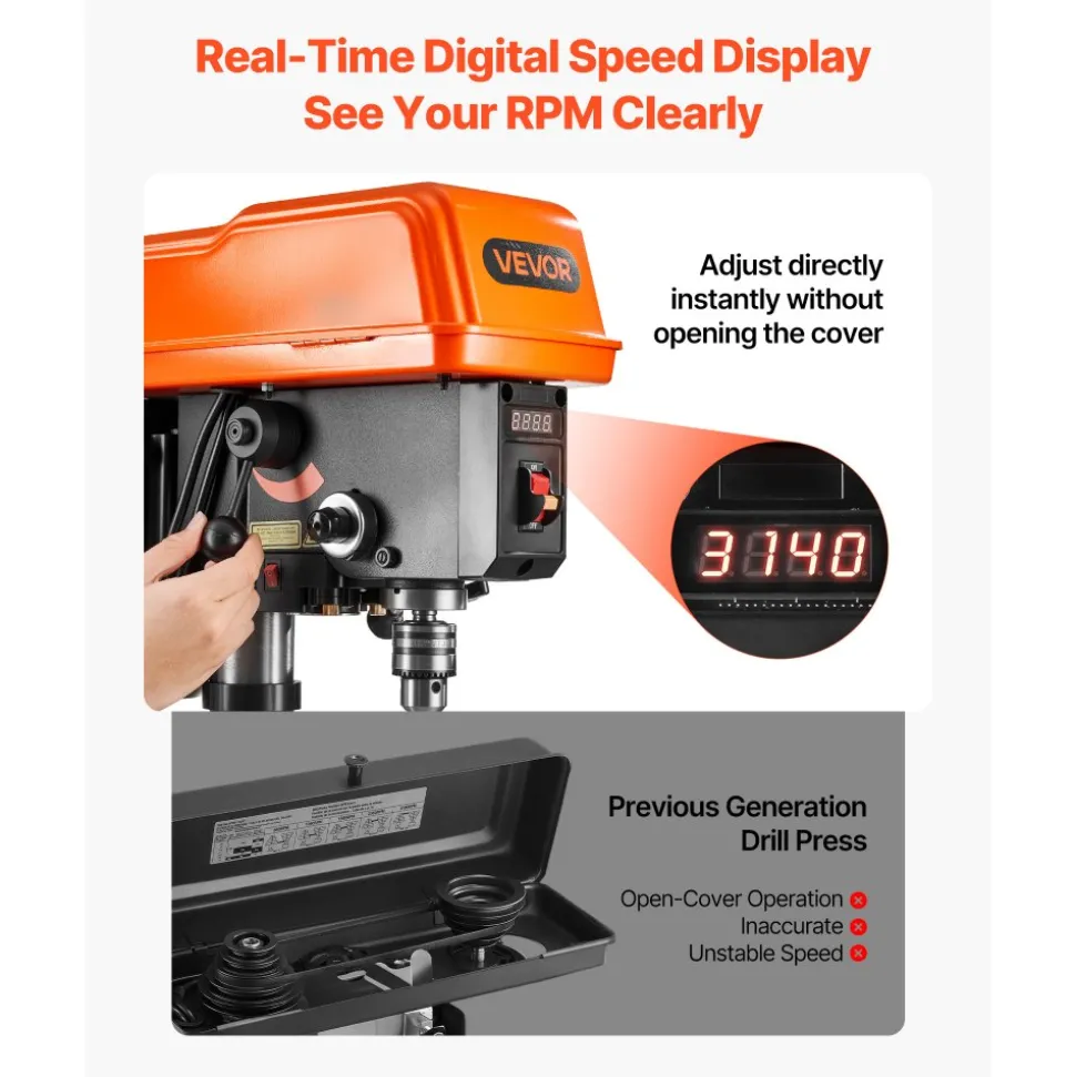 VEVOR 10-Inch Benchtop Drill Press, 5 Amp, 0.8 HP 600W Bench Drill Press, 530-3140 RPM Variable Speed, 0-45° Tilting Worktable, with Laser and LED Work Light, Tabletop Drilling Machine, for Wood Metal