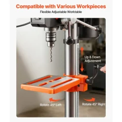 VEVOR 10-Inch Benchtop Drill Press, 5 Amp, 0.8 HP 600W Bench Drill Press, 530-3140 RPM Variable Speed, 0-45° Tilting Worktable, with Laser and LED Work Light, Tabletop Drilling Machine, for Wood Metal