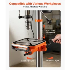 VEVOR 12-Inch Benchtop Drill Press, 6.2 Amp, 1 HP Bench Drill Press, 530 to 3140 RPM Variable Speed, 0-45° Tilting Worktable, with Laser and LED Work Light, Tabletop Drilling Machine, for Wood Metal