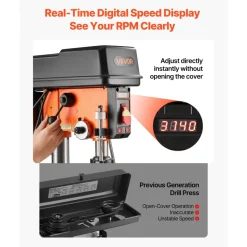 VEVOR 12-Inch Benchtop Drill Press, 6.2 Amp, 1 HP Bench Drill Press, 530 to 3140 RPM Variable Speed, 0-45° Tilting Worktable, with Laser and LED Work Light, Tabletop Drilling Machine, for Wood Metal