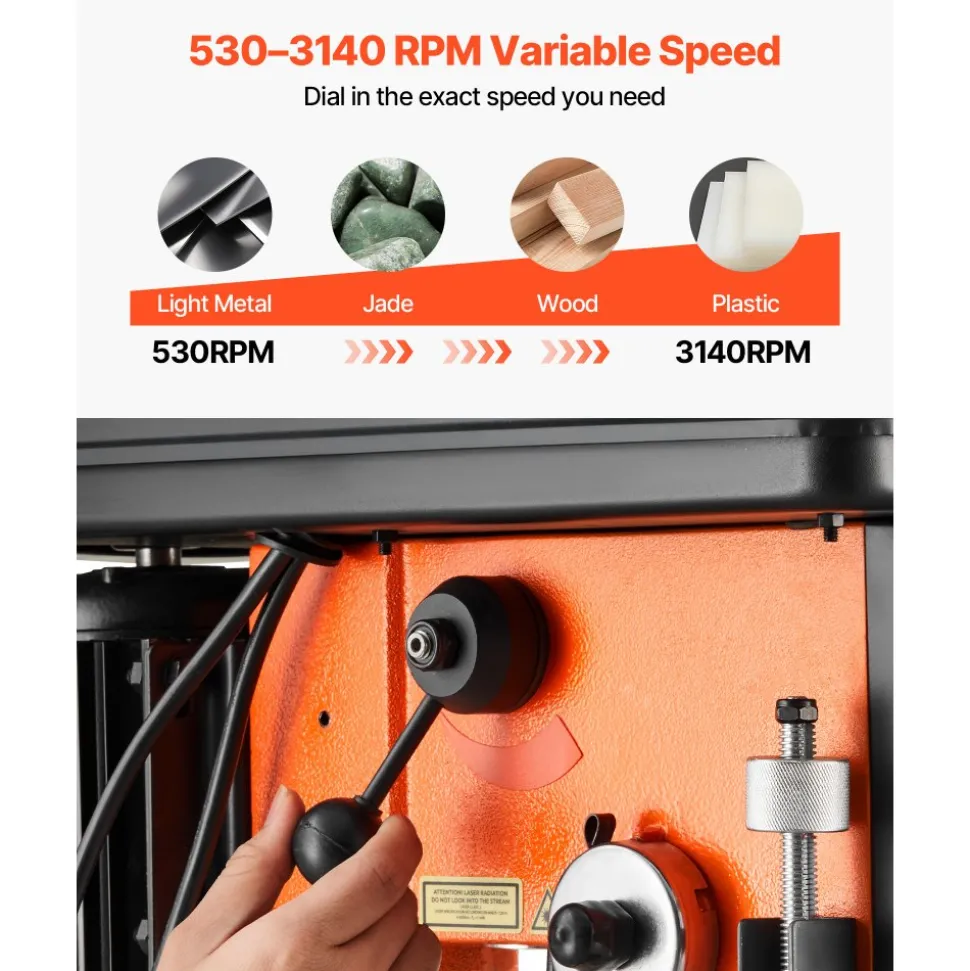 VEVOR 12-Inch Benchtop Drill Press, 6.2 Amp, 1 HP Bench Drill Press, 530 to 3140 RPM Variable Speed, 0-45° Tilting Worktable, with Laser and LED Work Light, Tabletop Drilling Machine, for Wood Metal