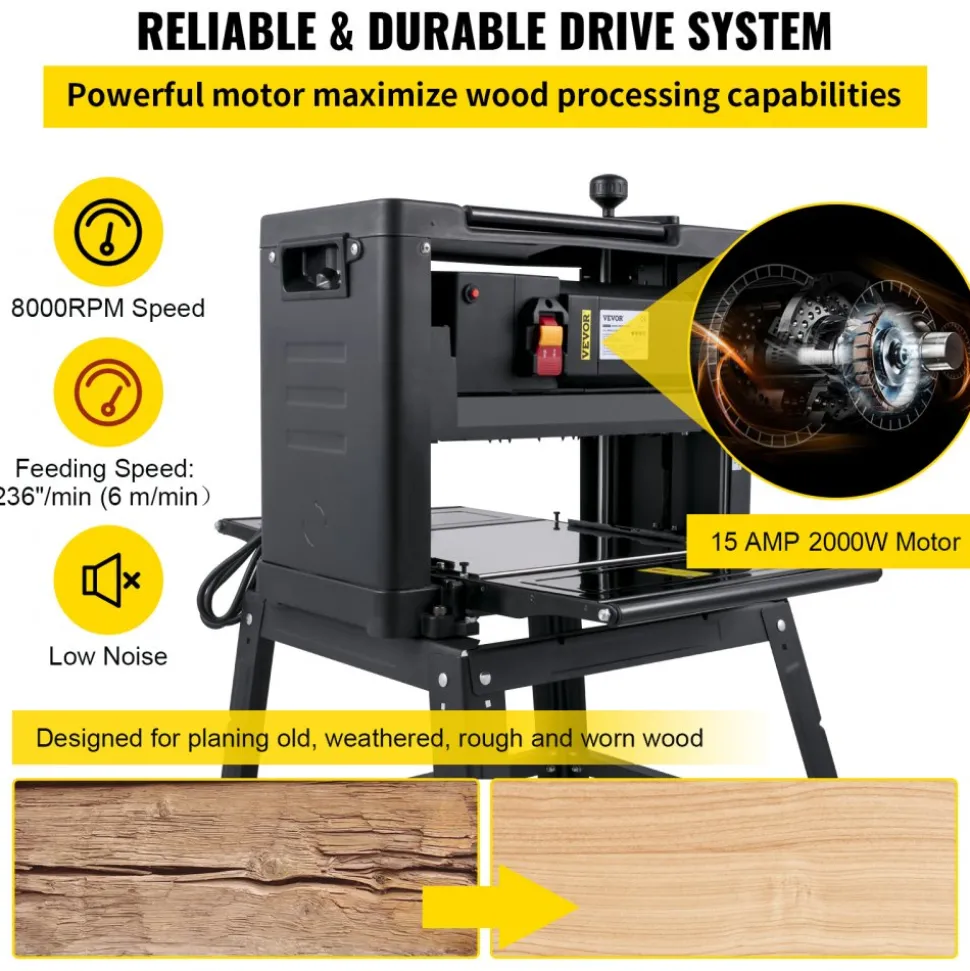 VEVOR 13-Inch Benchtop Thickness Planer, 2000W, 8000 rpm, 15 AMP, with Foldable Iron Stand and Dust Exhaust, 6m/min Planing Speed, Ideal for Woodworking and Wooden Plank Shaping