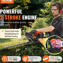 VEVOR 23.2-inch 26CC 2 Cycle Gas Hedge Trimmer, Gas Powered Handheld Hedge Trimmer with Dual Sided Dual Action Blade, 180° Adjustable Trimmer Head, Suitable for Trimming Shrubs, Low Bushes