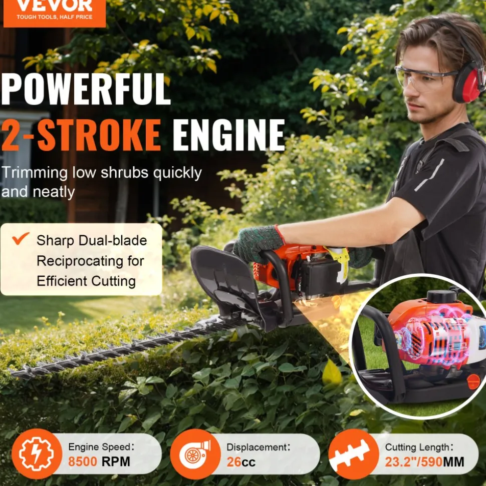 VEVOR 23.2-inch 26CC 2 Cycle Gas Hedge Trimmer, Gas Powered Handheld Hedge Trimmer with Dual Sided Dual Action Blade, 180° Adjustable Trimmer Head, Suitable for Trimming Shrubs, Low Bushes