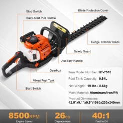 VEVOR 23.2-inch 26CC 2 Cycle Gas Hedge Trimmer, Gas Powered Handheld Hedge Trimmer with Dual Sided Dual Action Blade, 180° Adjustable Trimmer Head, Suitable for Trimming Shrubs, Low Bushes
