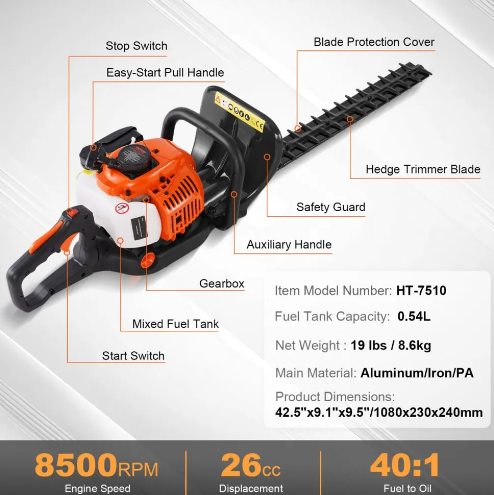 VEVOR 23.2-inch 26CC 2 Cycle Gas Hedge Trimmer, Gas Powered Handheld Hedge Trimmer with Dual Sided Dual Action Blade, 180° Adjustable Trimmer Head, Suitable for Trimming Shrubs, Low Bushes