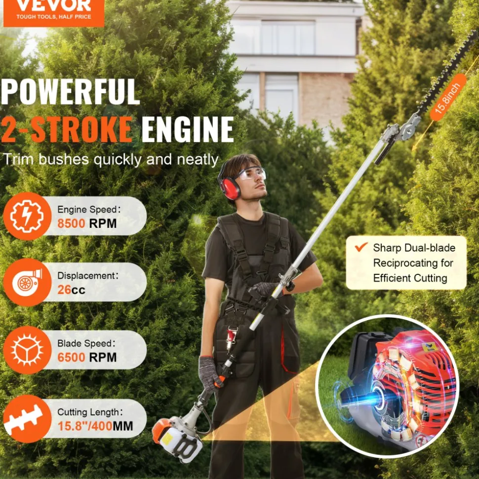 VEVOR 15.7-inch 26CC 2 Cycle Gas Hedge Trimmer, Gas Powered Pole Hedge Trimmer with Dual Sided Dual Action Blade, 270° Adjustable Trimmer Head, Suitable for Trimming Shrubs, Bushes