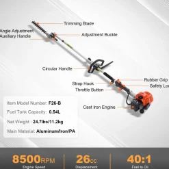 VEVOR 15.7-inch 26CC 2 Cycle Gas Hedge Trimmer, Gas Powered Pole Hedge Trimmer with Dual Sided Dual Action Blade, 270° Adjustable Trimmer Head, Suitable for Trimming Shrubs, Bushes